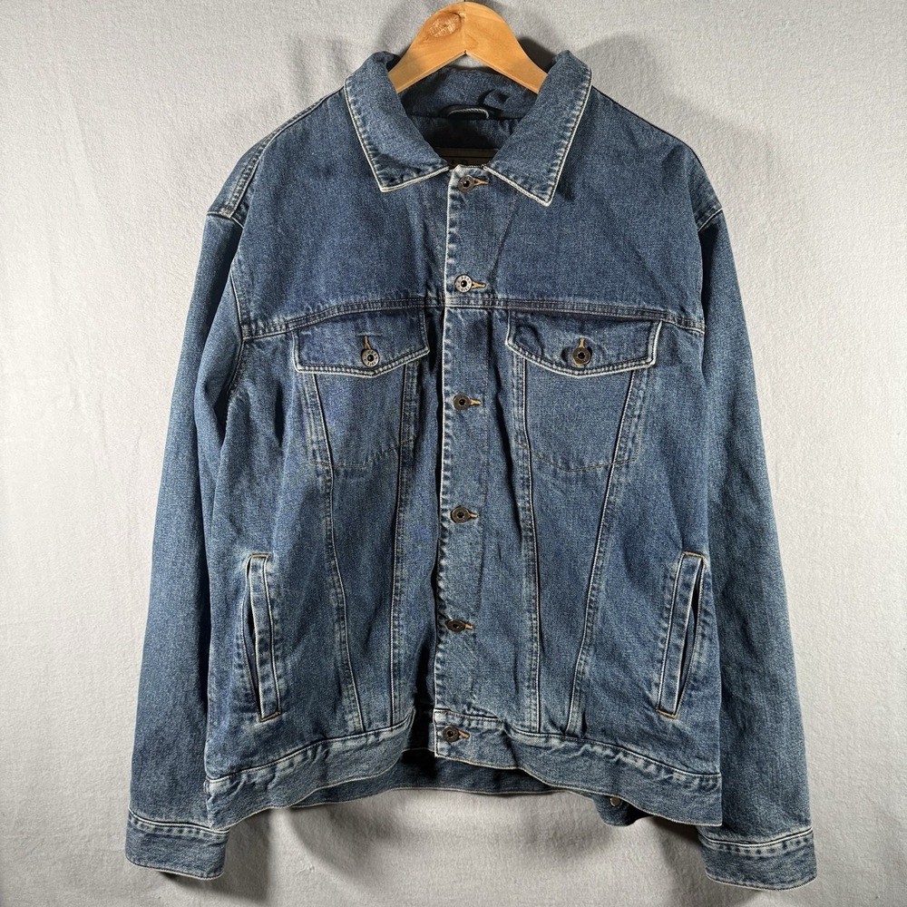 LL BEAN Jean Jacket Mens L Trucker Denim Button Up Lined Corduroy Trim